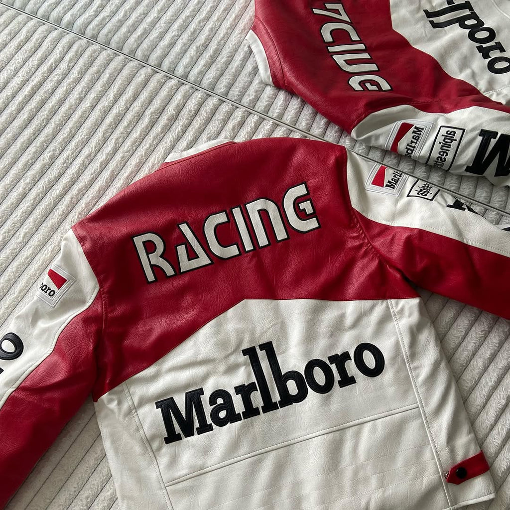 Back view of LZRUS Marlboro leather jacket in red, white, and black racing design with bold Marlboro logo