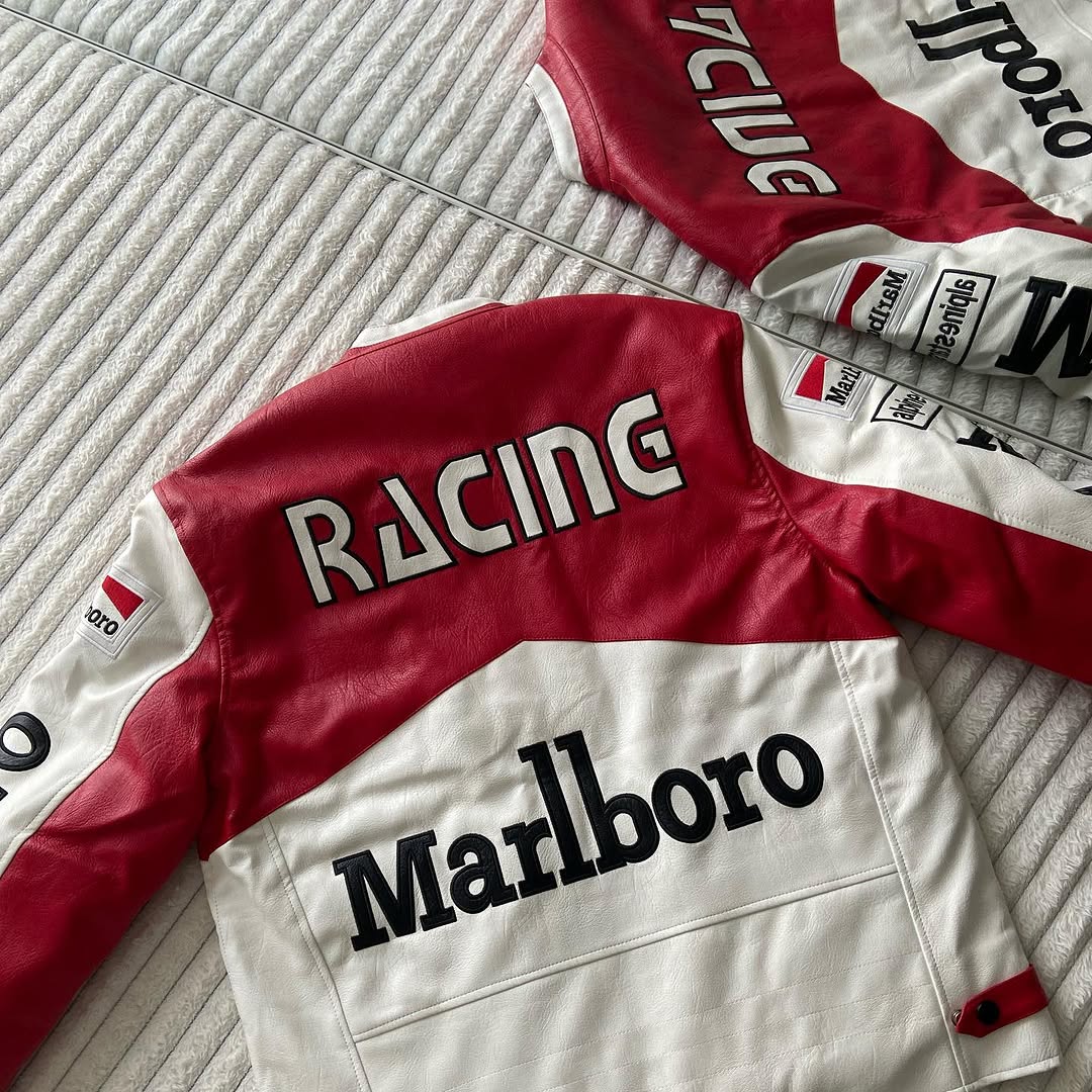 Back view of LZRUS Marlboro leather jacket in red, white, and black racing design with bold Marlboro logo