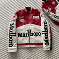 Front view of LZRUS Marlboro leather jacket with racing patches, Marlboro branding, and red-white-black motorsport style