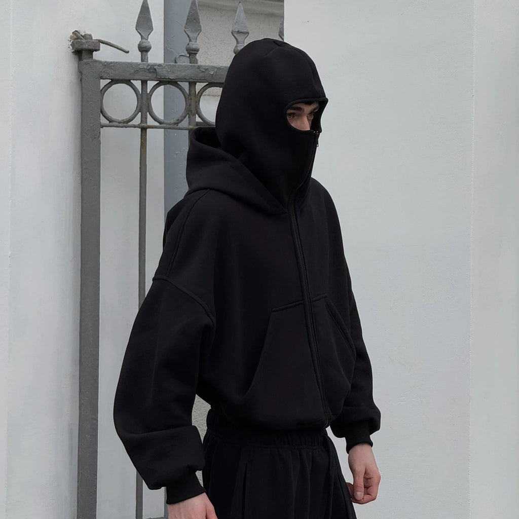 Ninja hoodie India – LZRUS balaclava hoodie with built-in face mask fully zipped up streetwear look