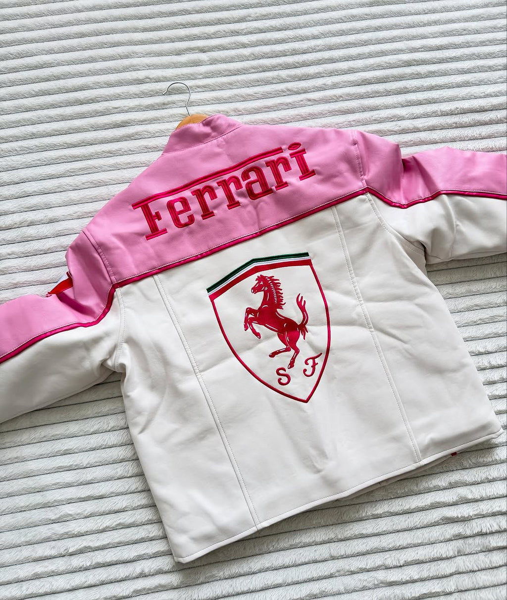 Back view of LZRUS Pink Ferrari Leather Jacket with bold Ferrari logo and racing shield design