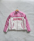 Full front view of LZRUS Pink Ferrari Leather Jacket in pink and white streetwear style