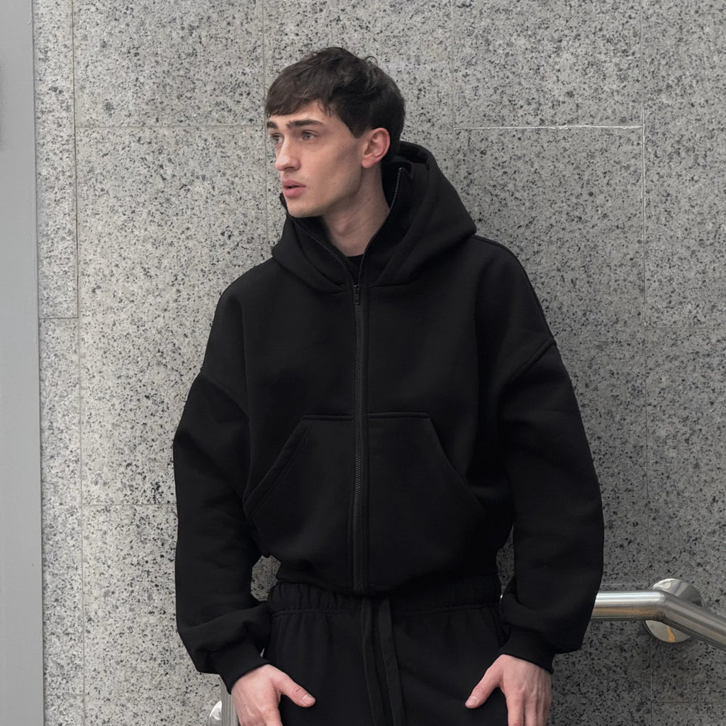 Premium cotton balaclava hoodie flat lay – LZRUS black full zip hoodie with built-in mask fabric detail India