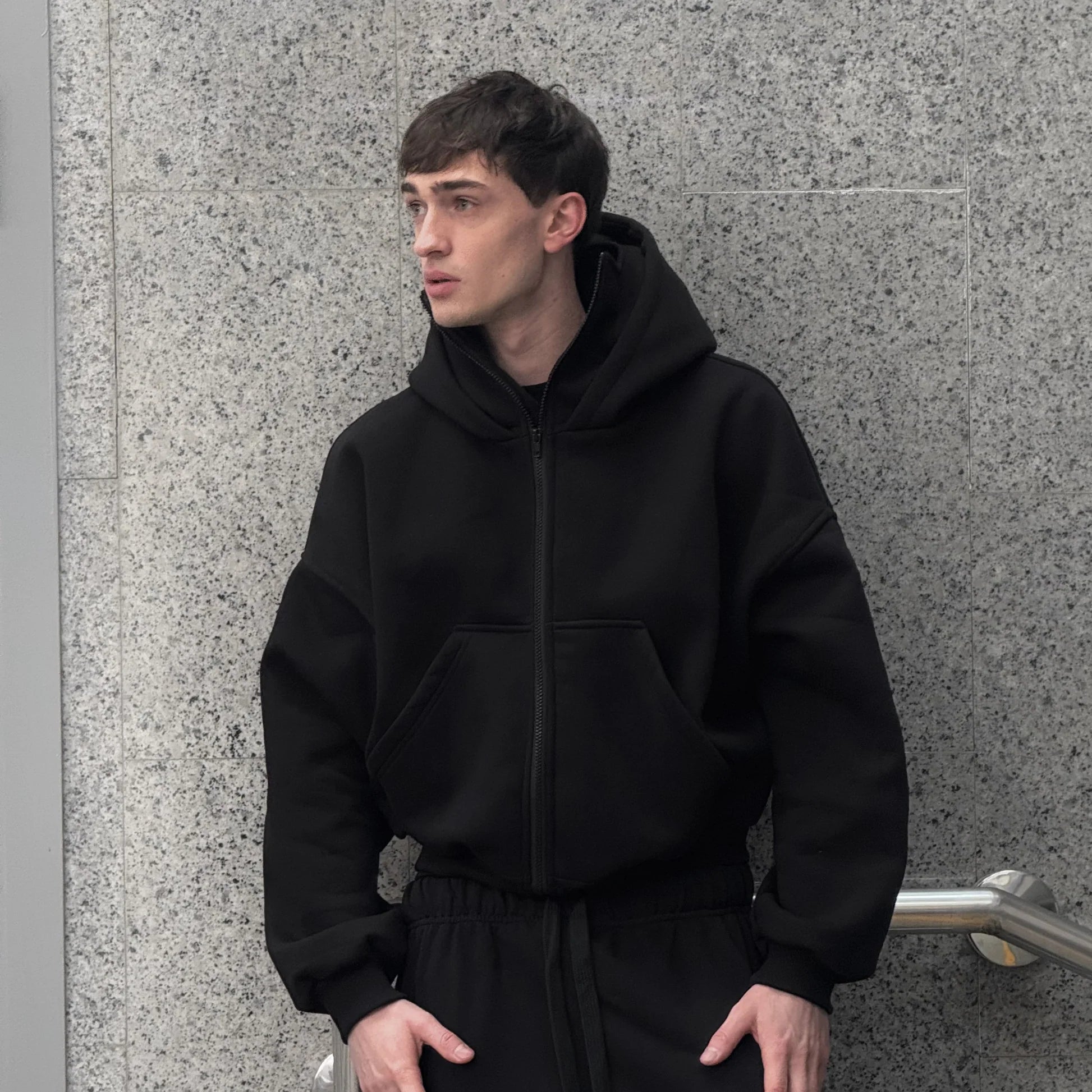 Premium cotton balaclava hoodie flat lay – LZRUS black full zip hoodie with built-in mask fabric detail India