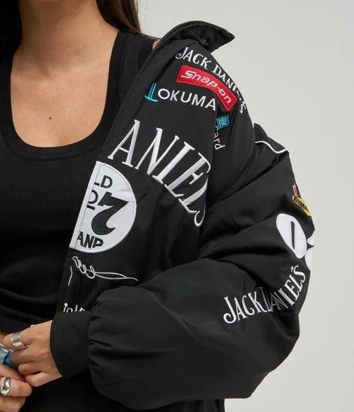 Premium embroidered racing jacket India – LZRUS Jack Daniels retro racing bomber unisex streetwear fit front view