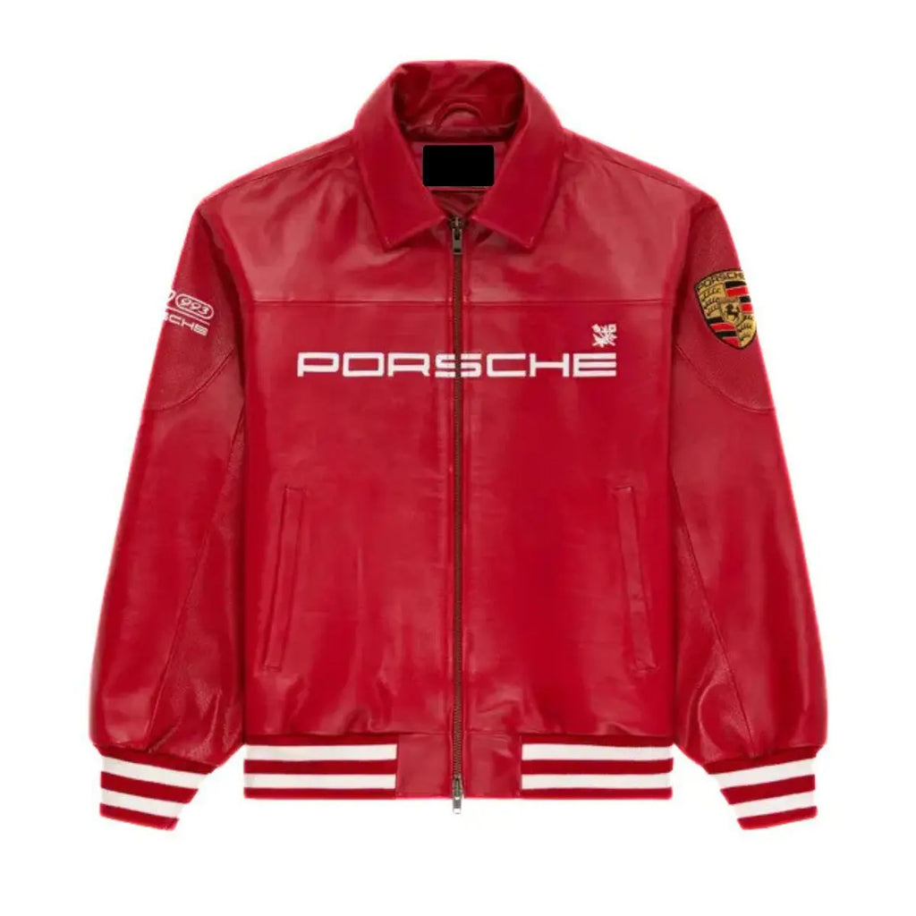 Red Porsche bomber leather jacket flat lay front with 993 sleeve patch and full zip – LZRUS