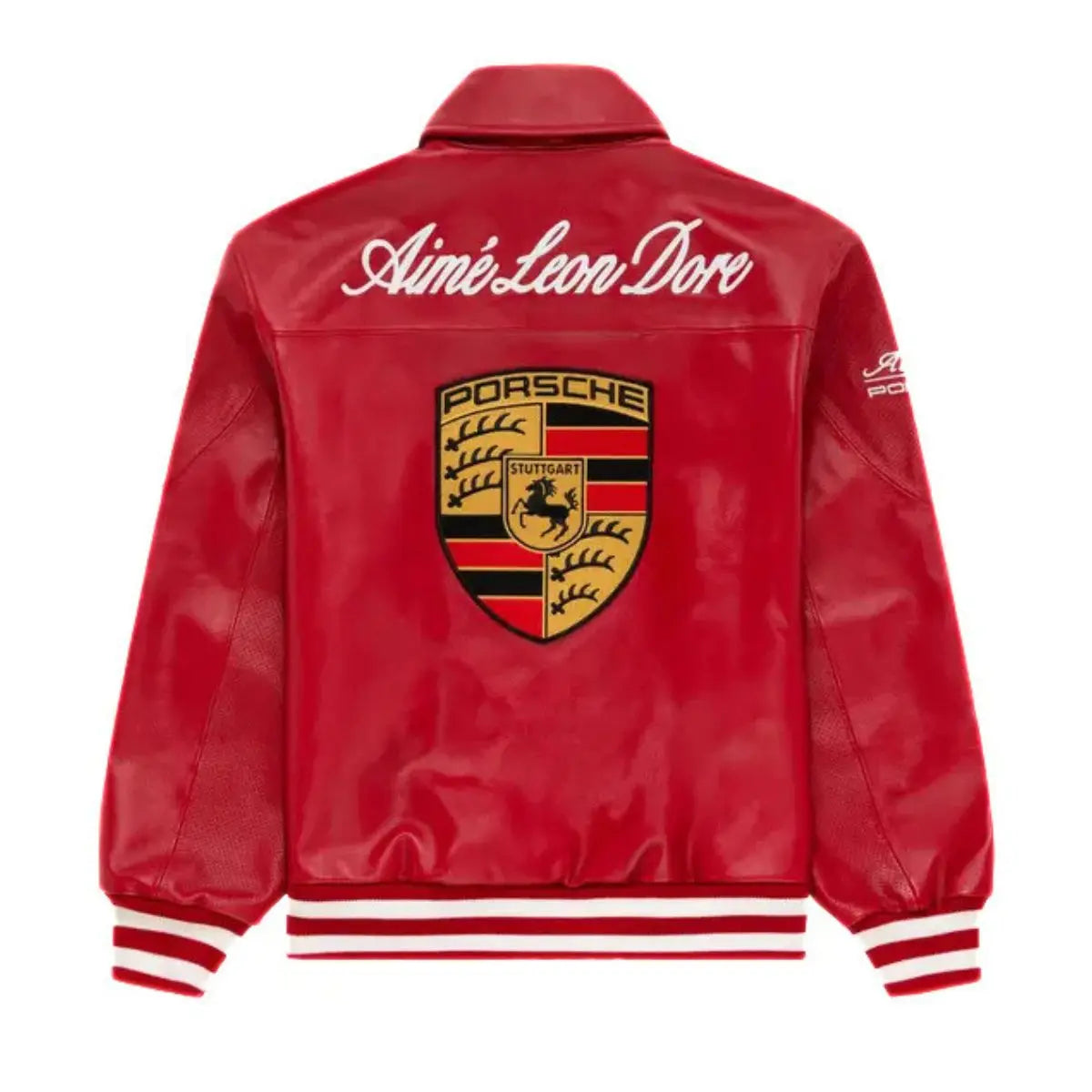 Back panel of red Porsche leather jacket showing high-density embroidered crest detail – LZRUS