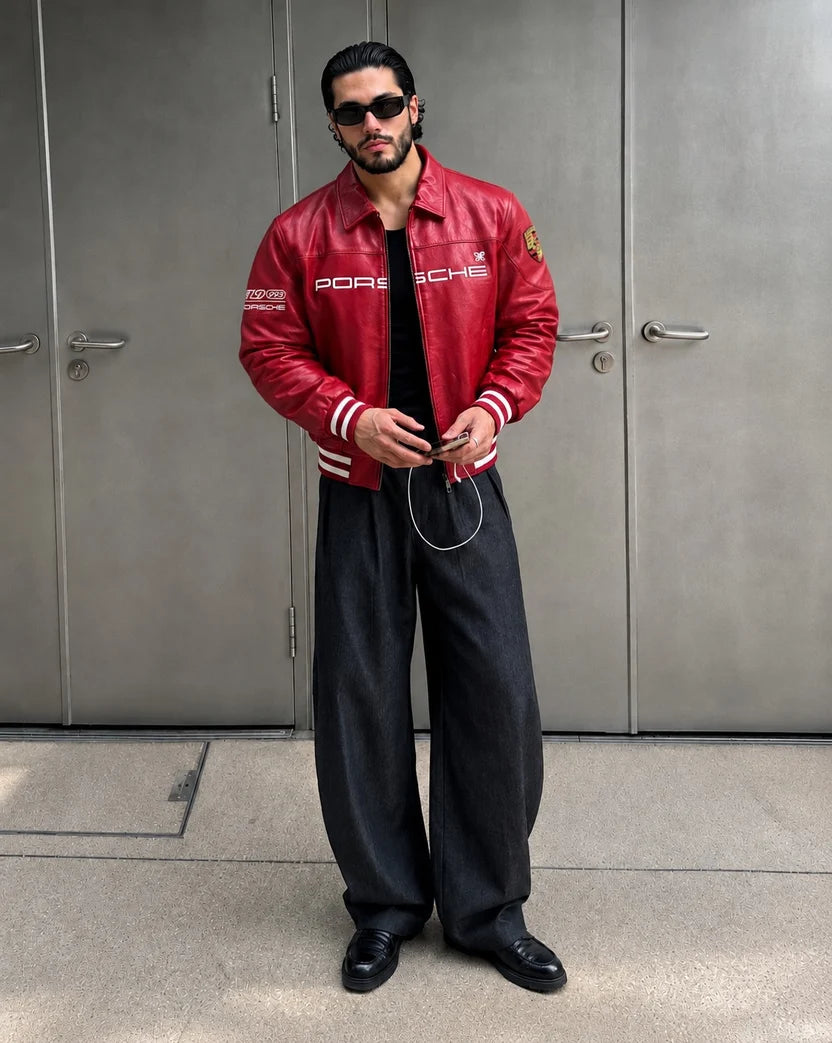 Full outfit with red Porsche leather jacket, baggy black jeans and loafers, bikercore style – LZRUS