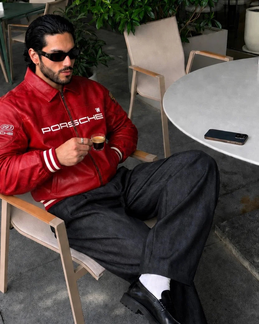 Red Porsche leather jacket streetwear outfit with black trousers at cafe, Y2K look – LZRUS