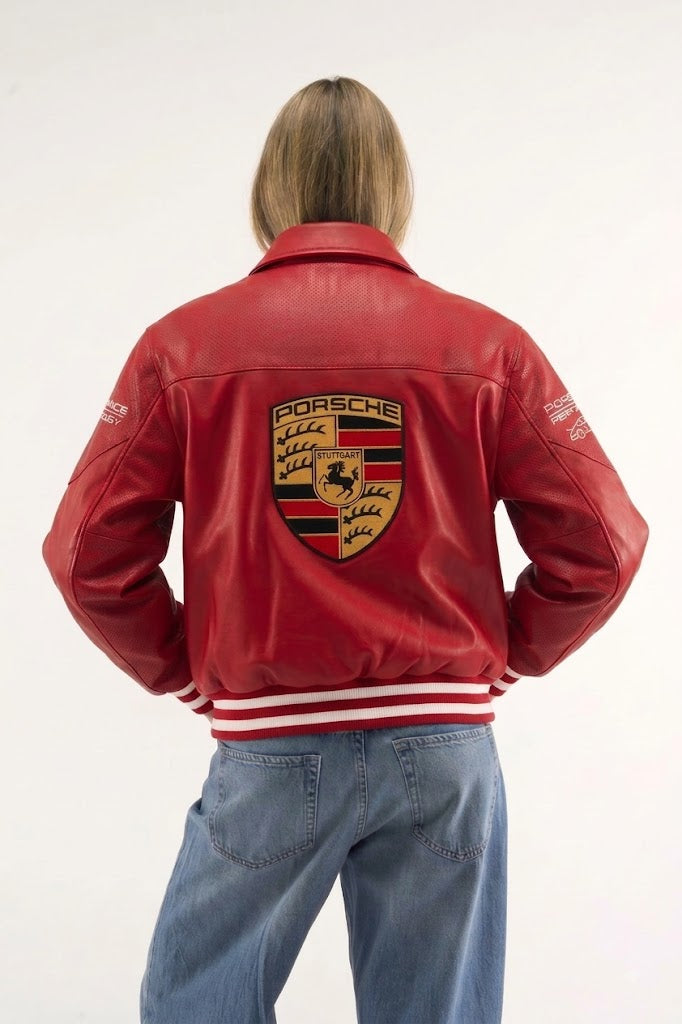 Red Porsche leather jacket back view with embroidered Stuttgart crest and striped ribbed hem – LZRUS