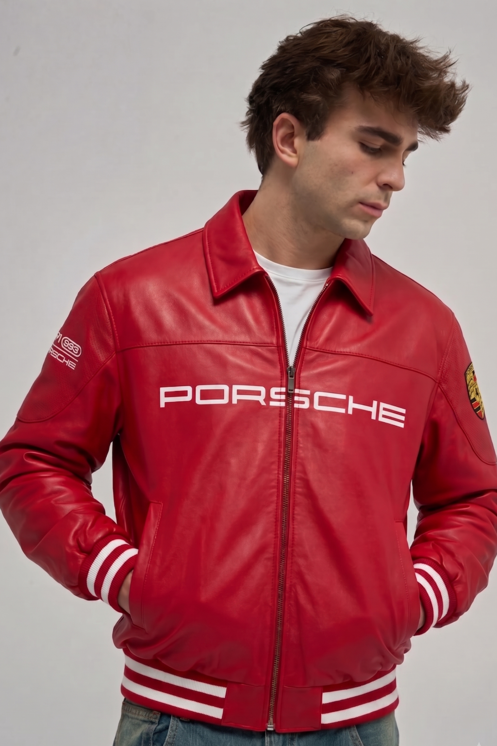 Red Porsche leather jacket for men styled with white tee and blue jeans, boxy fit – LZRUS