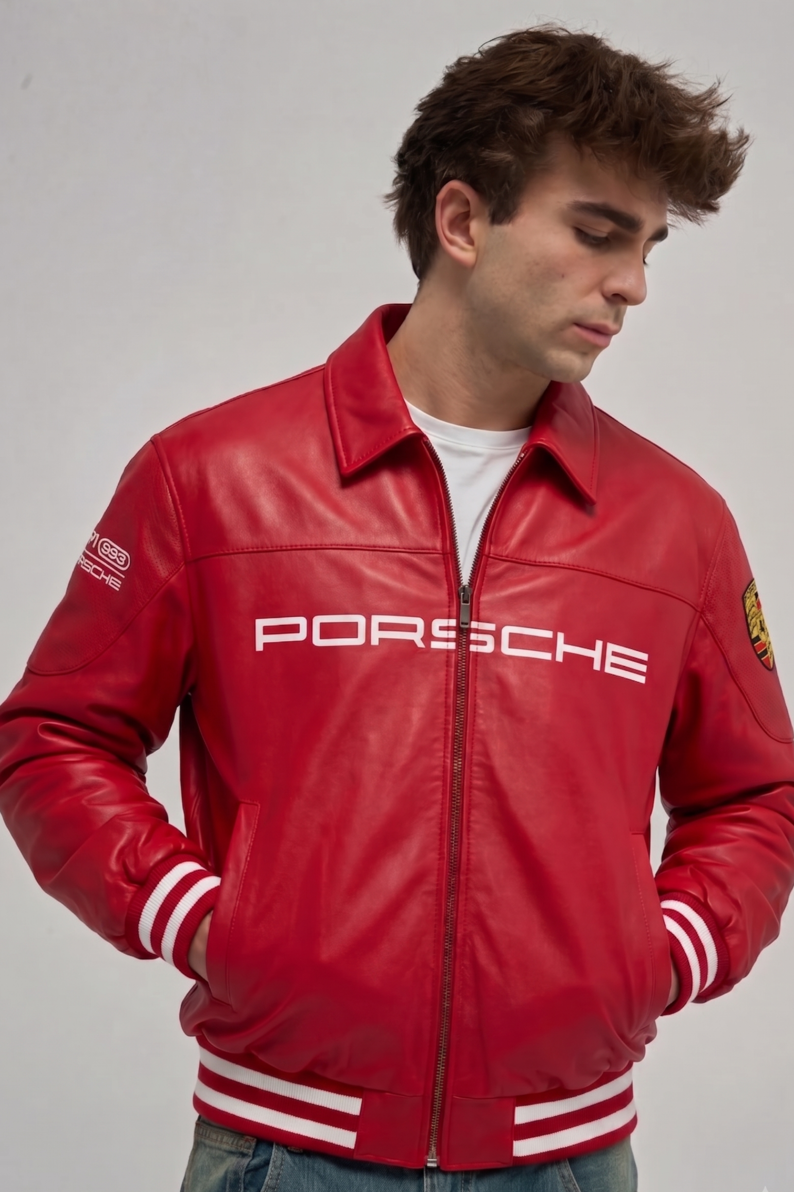 Red Porsche leather jacket for men styled with white tee and blue jeans, boxy fit – LZRUS