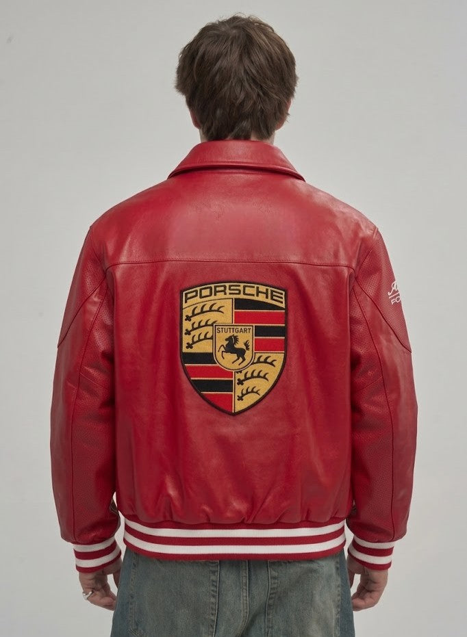 Men's red Porsche racing leather jacket rear view with large embroidered crest panel – LZRUS