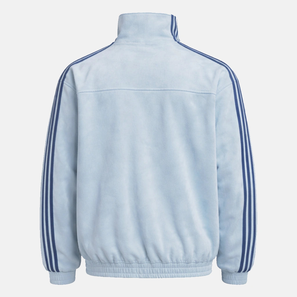 Back view of the sky blue CNY jacket showing the 420 GSM vegan suede panel and navy stripes running down both sleeves