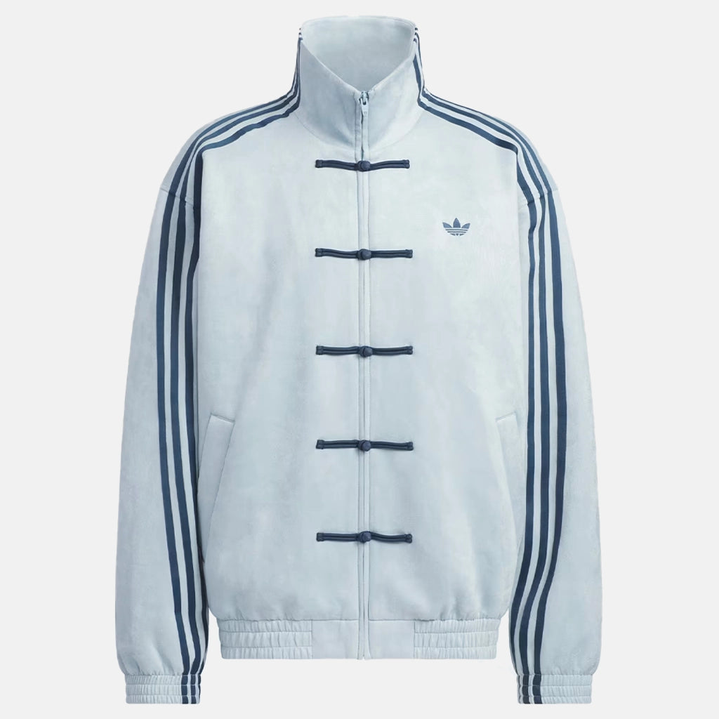 LZRUS Sky Blue CNY Jacket front view with pankou knot buttons, mandarin collar and contrast navy sleeve stripes