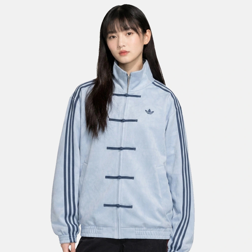 Sky blue CNY jacket for women worn with the mandarin collar standing, oversized drop shoulder fit