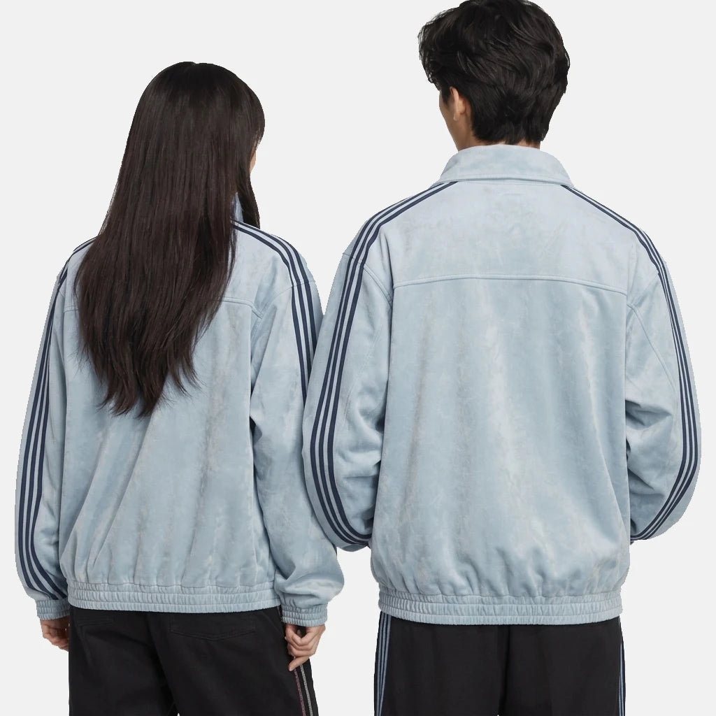 Unisex sky blue CNY jacket shown from behind on two models, demonstrating the same oversized cut on both