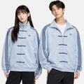 Light blue CNY jacket worn by two models side by side, showing the unisex fit in the same size block