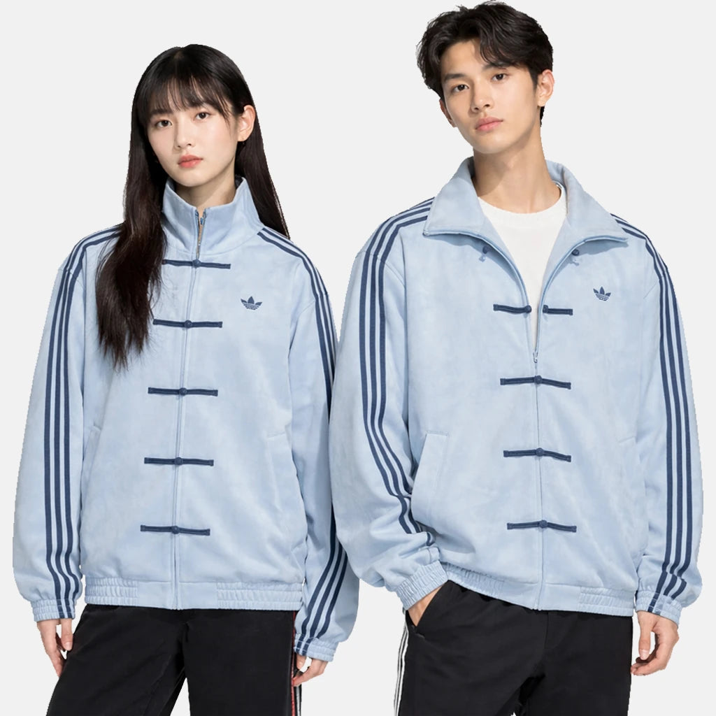 Light blue CNY jacket worn by two models side by side, showing the unisex fit in the same size block