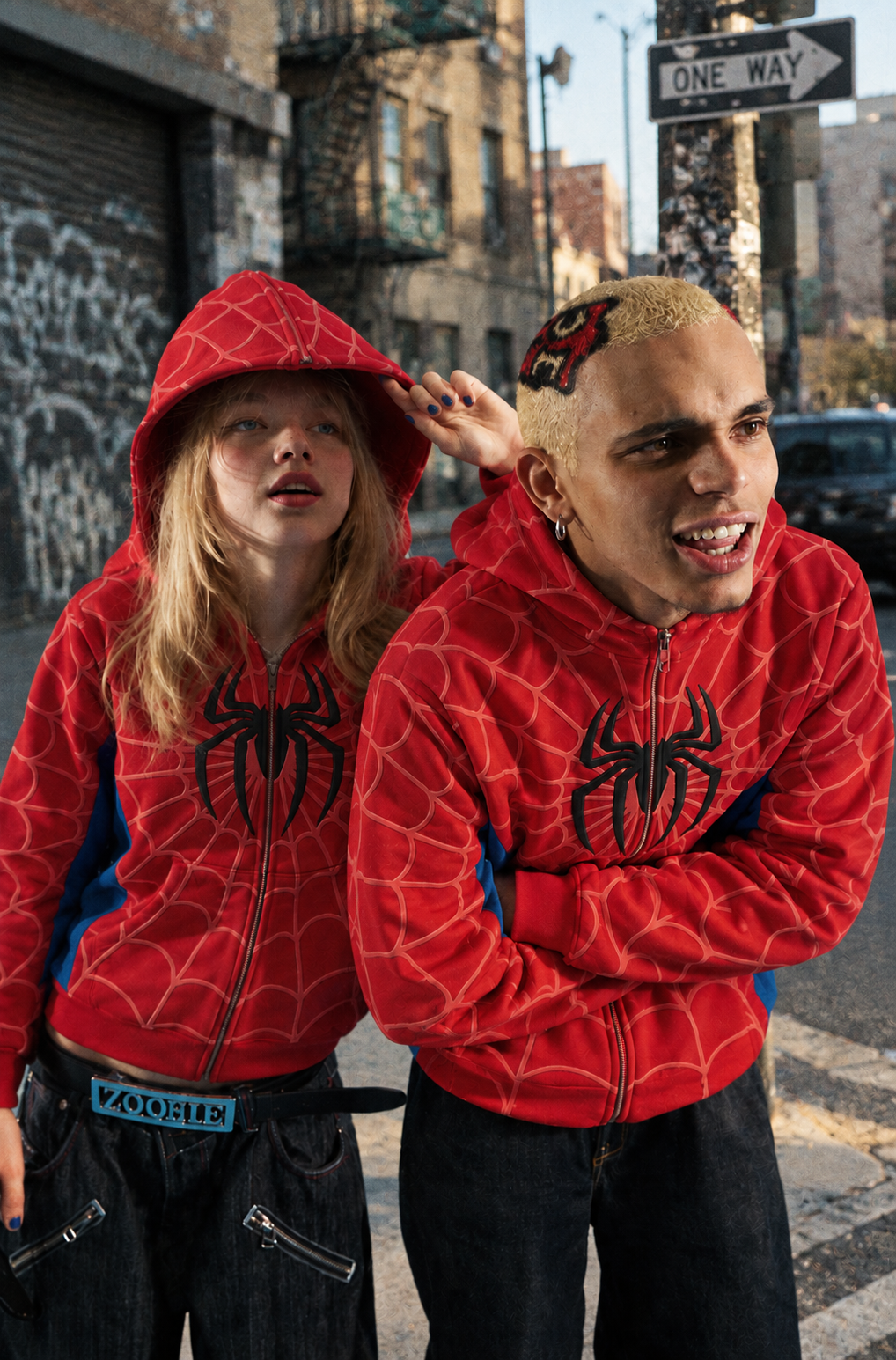 Spider graphic hoodie worn on the street, hood up on one model and zipped low over dark denim on the other