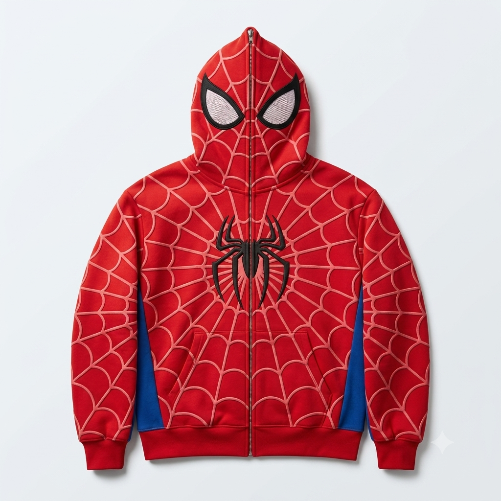 LZRUS Spider Hoodie flat lay in red with all-over spider web print, black puff print emblem and full-face zip hood