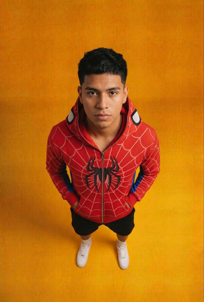 Overhead shot of a man in the red spider zip up hoodie with the mask hood folded back showing the eye panels