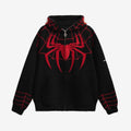 LZRUS Spiderman Zip Up Hoodie in black – flat lay front view showing 3D puff print Marvel spider emblem