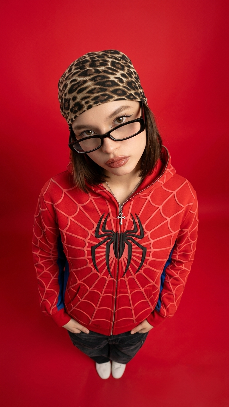 Unisex spider hoodie worn by a woman with a leopard print bandana and glasses against a red backdrop
