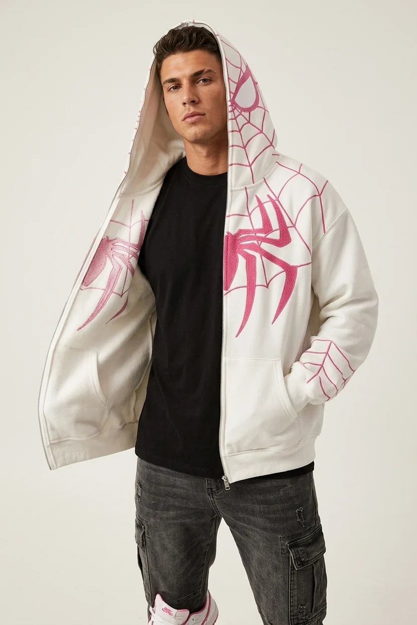 White Spiderman embroidered hoodie with pink chenille spider emblem, oversized zip up unisex fit LZRUS India
