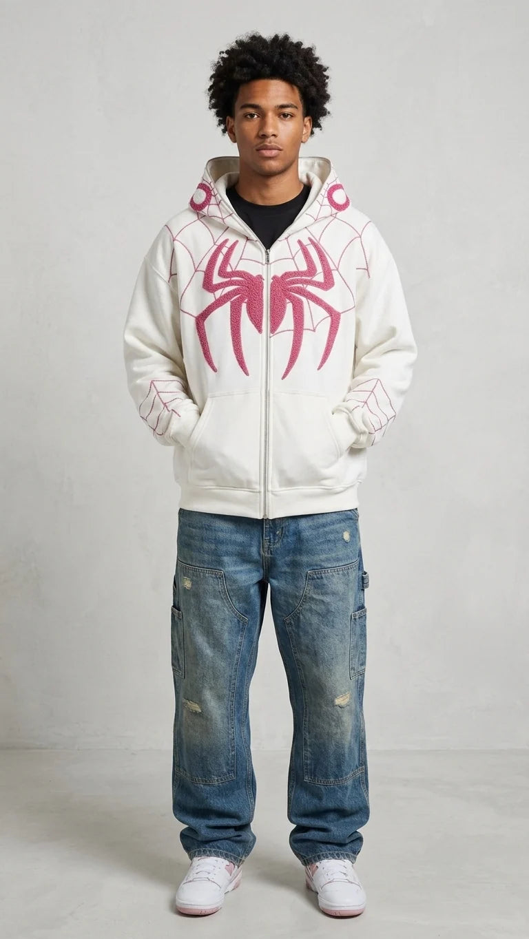 White Spiderman full face zip up hoodie with pink embroidered mask hood and web detailing, oversized unisex LZRUS
