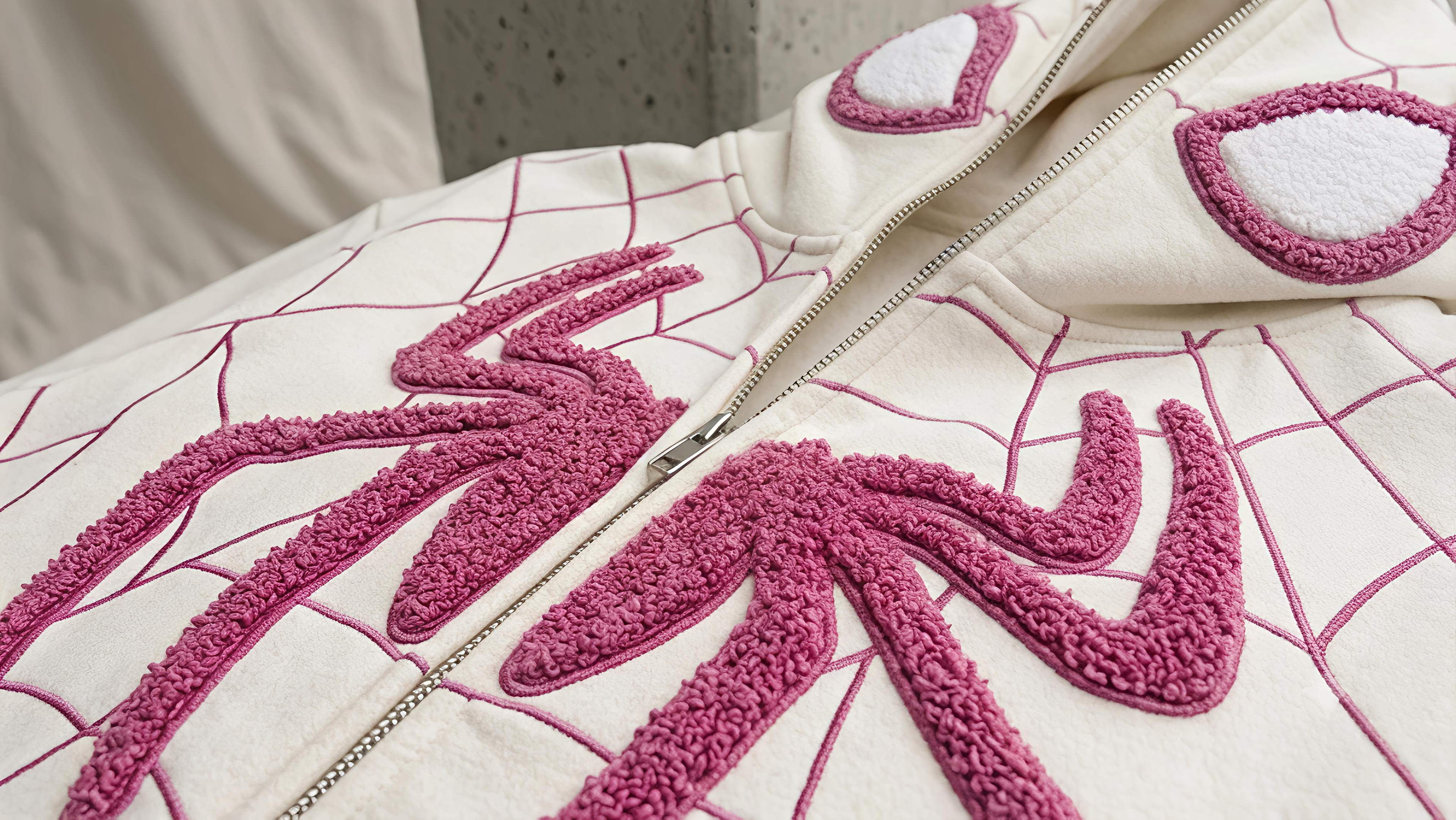 Close up of pink chenille spider embroidery and hood eye applique on white LZRUS Spiderman embroidered hoodie