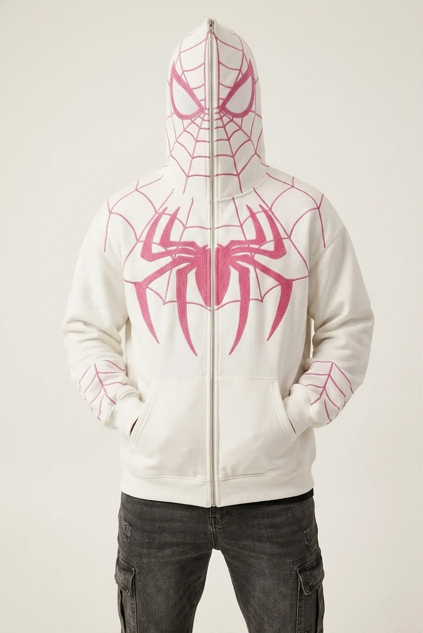 White Spiderman full face zip up hoodie with pink embroidered mask hood and web detailing, oversized unisex LZRUS